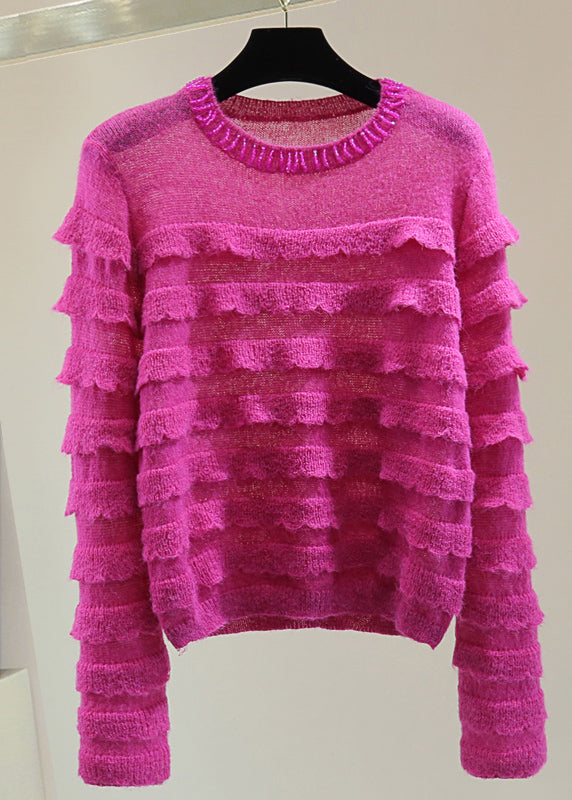 Rose Ruffled Patchwork Nail Bead Cotton Knit Sweater Winter