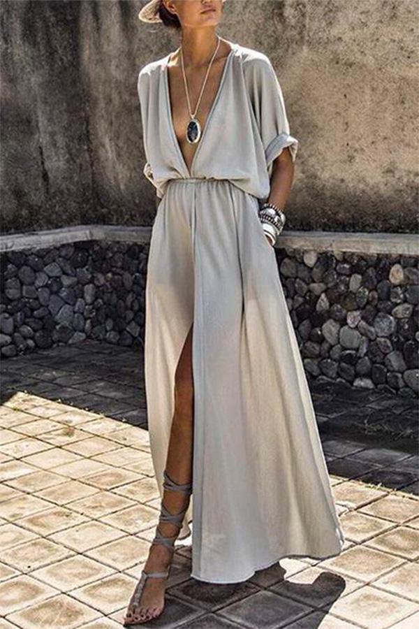 Deep V-neck Color Mid-sleeve Large Swing Skirt Split Long Dress