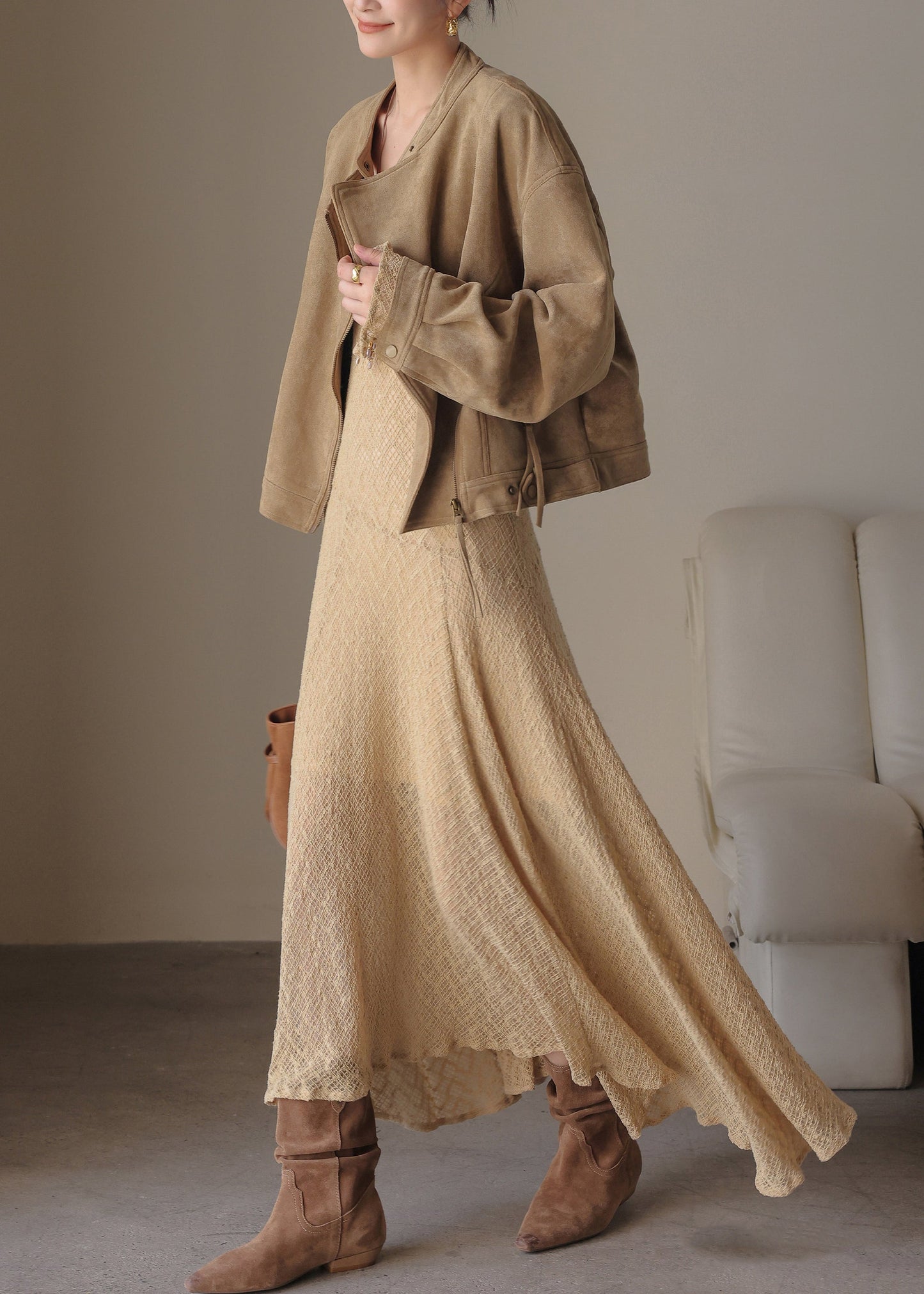 Handmade Khaki U Neck Maxi Dress Spring