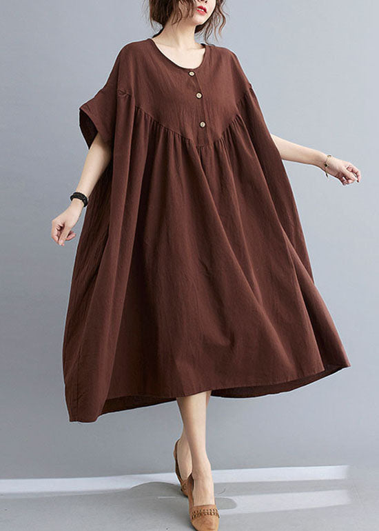Coffee O Neck Wrinkled Patchwork Cotton Long Dresses Short Sleeve