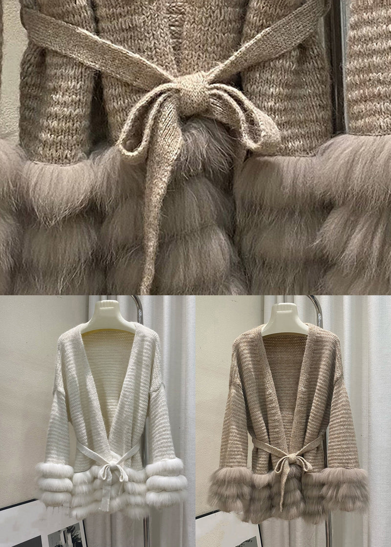Unique Coffee V Neck Fox Patchwork Cotton Knit Cardigans Fall