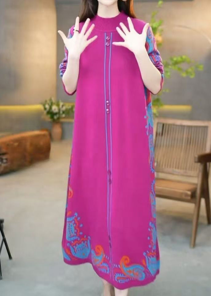 Rose O Neck Jacquard Knit Sweater Dress Winter