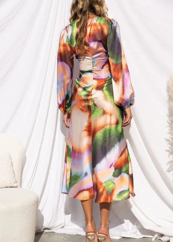 French Yellow V Neck Hollow Out Tie Dye Silk Long Dress Spring