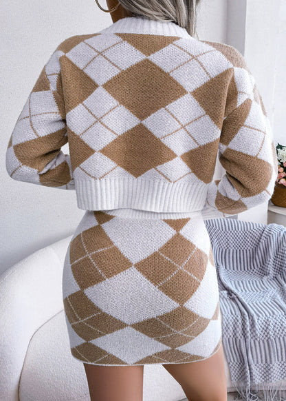 Khaki O Neck Geometric Knit Two Pieces Set Winter