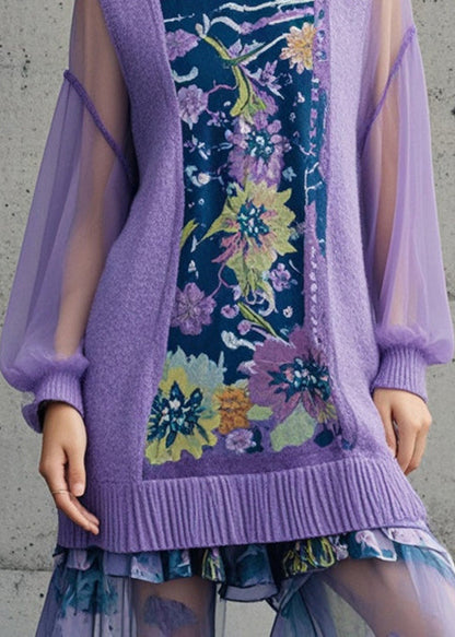 Purple Print Patchwork Tulle Long Sweaters Fall
