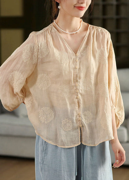 Pink V Neck Embroidered Linen Shirt Top Lantern Sleeve