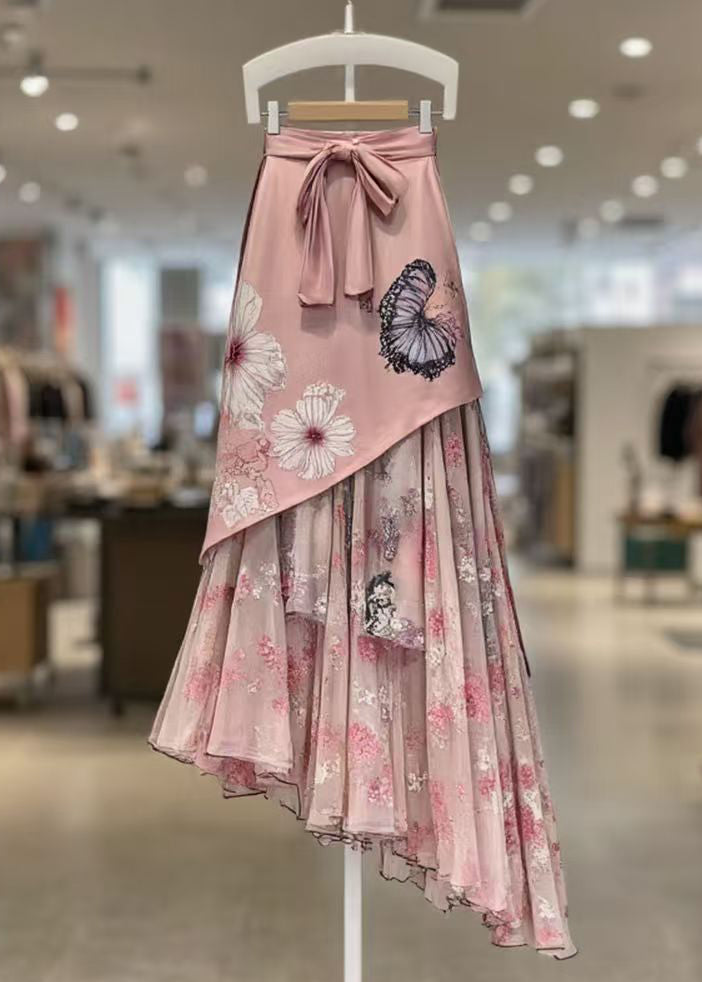 Pink Print Lace Up Patchwork Chiffon Skirts Summer
