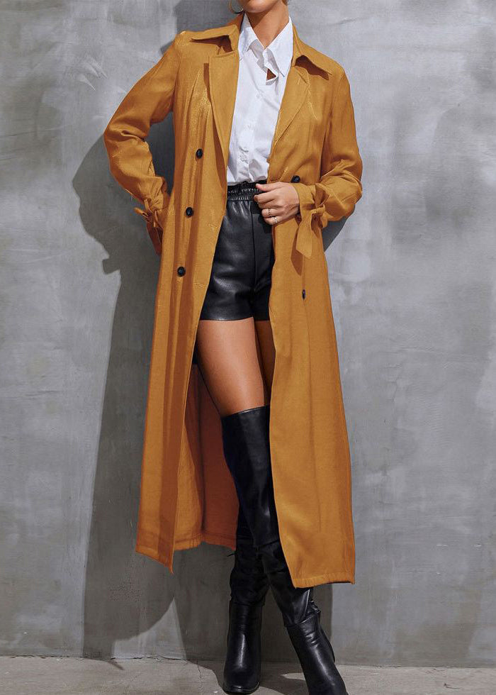 Yellow Peter Pan Collar Pockets Tie Waist Long Trench Fall