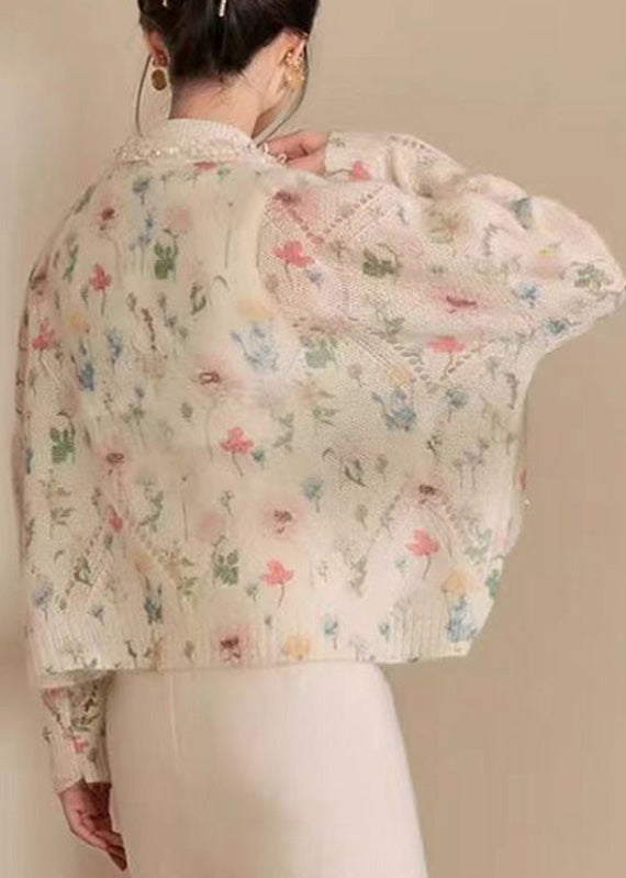 Apricot Peter Pan Collar Print Hollow Out Sequins Cotton Knit Sweaters Winter