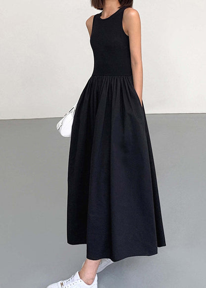Original Black O Neck Pockets Patchwork Cotton Long Dress Sleeveless