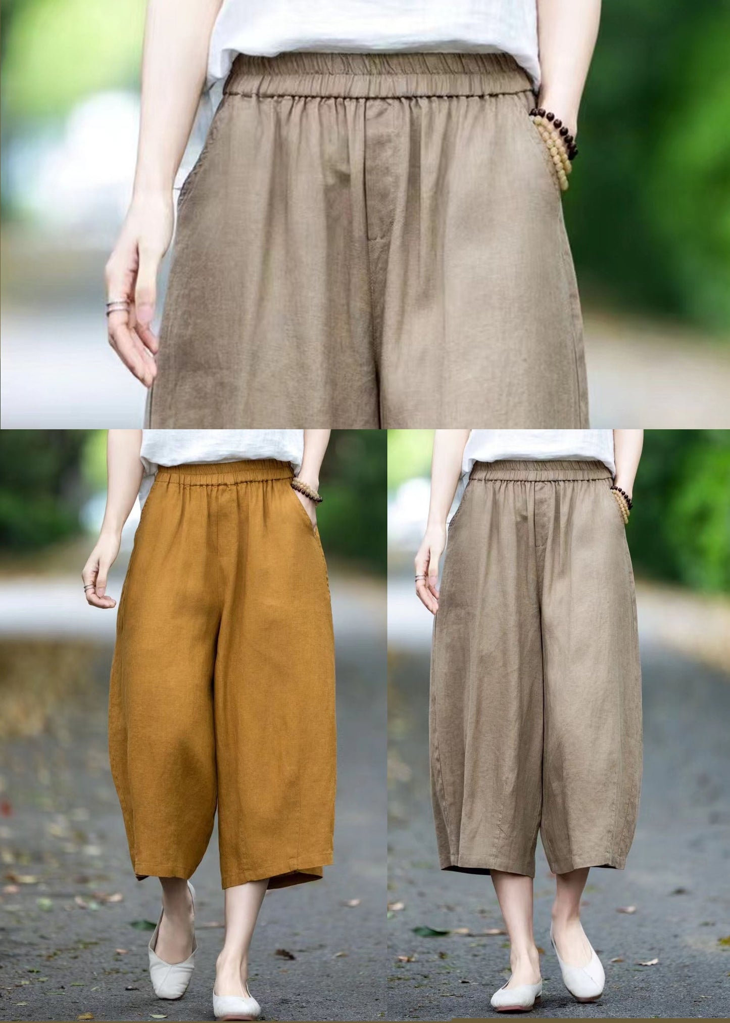 Yellow Oversized Pockets Linen Pants Summer