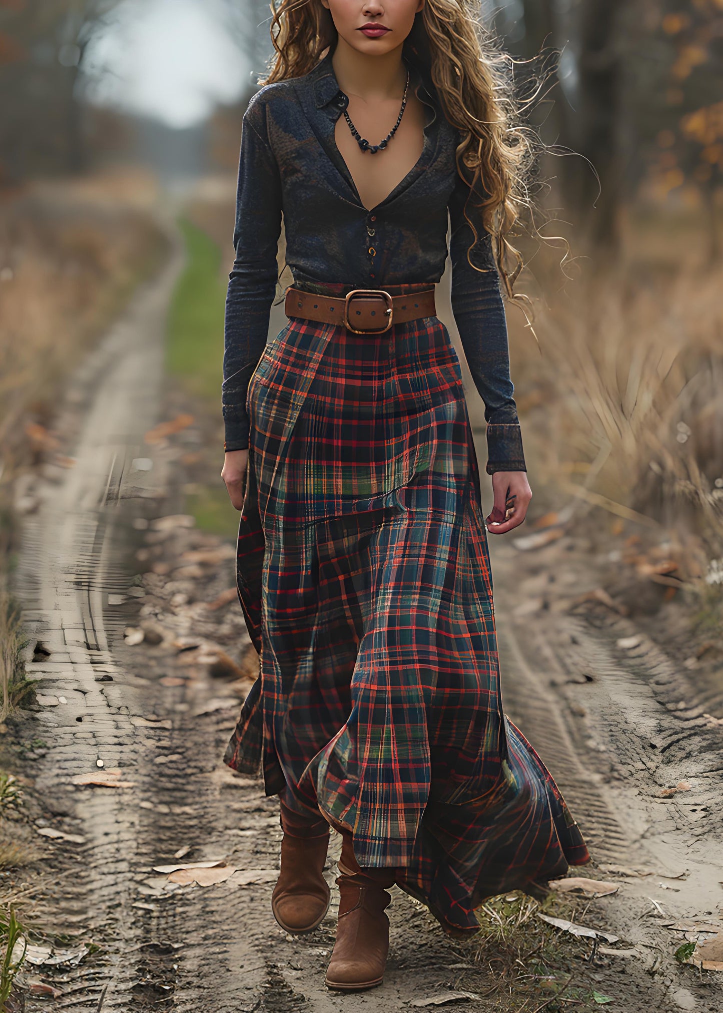 V Neck Plaid Patchwork Cotton Long Dress Spring