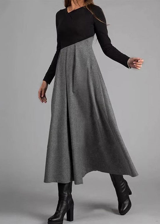 Grey Wrinkled Patchwork Woolen Long Dress Spring