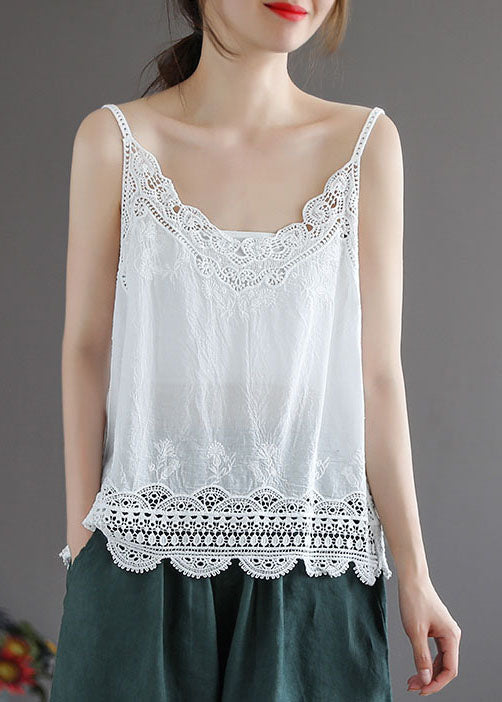 Pink Original Design Embroidered Cotton Spaghetti Strap Tops Summer