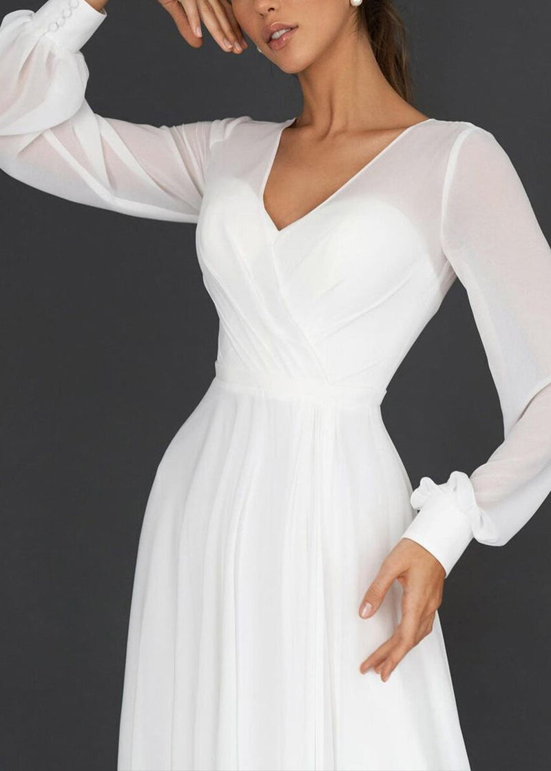 Boutique White V Neck Wrinkled Chiffon Dress Summer