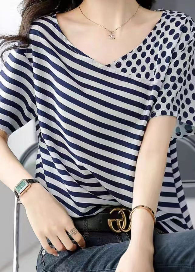 Blue O Neck Striped Dot Patchwork Silk Top Summer