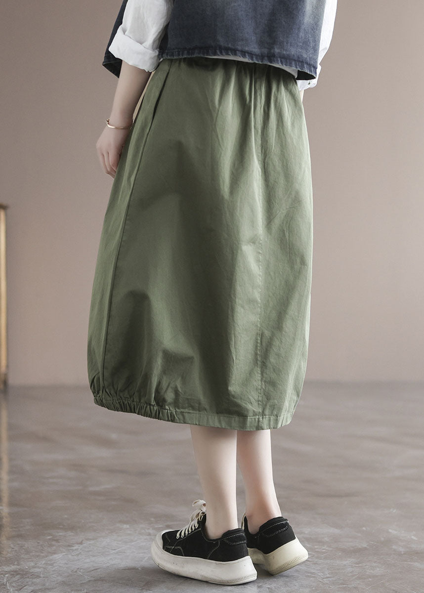 Green Patchwork Cotton Skirt High Waist Pockets Summer