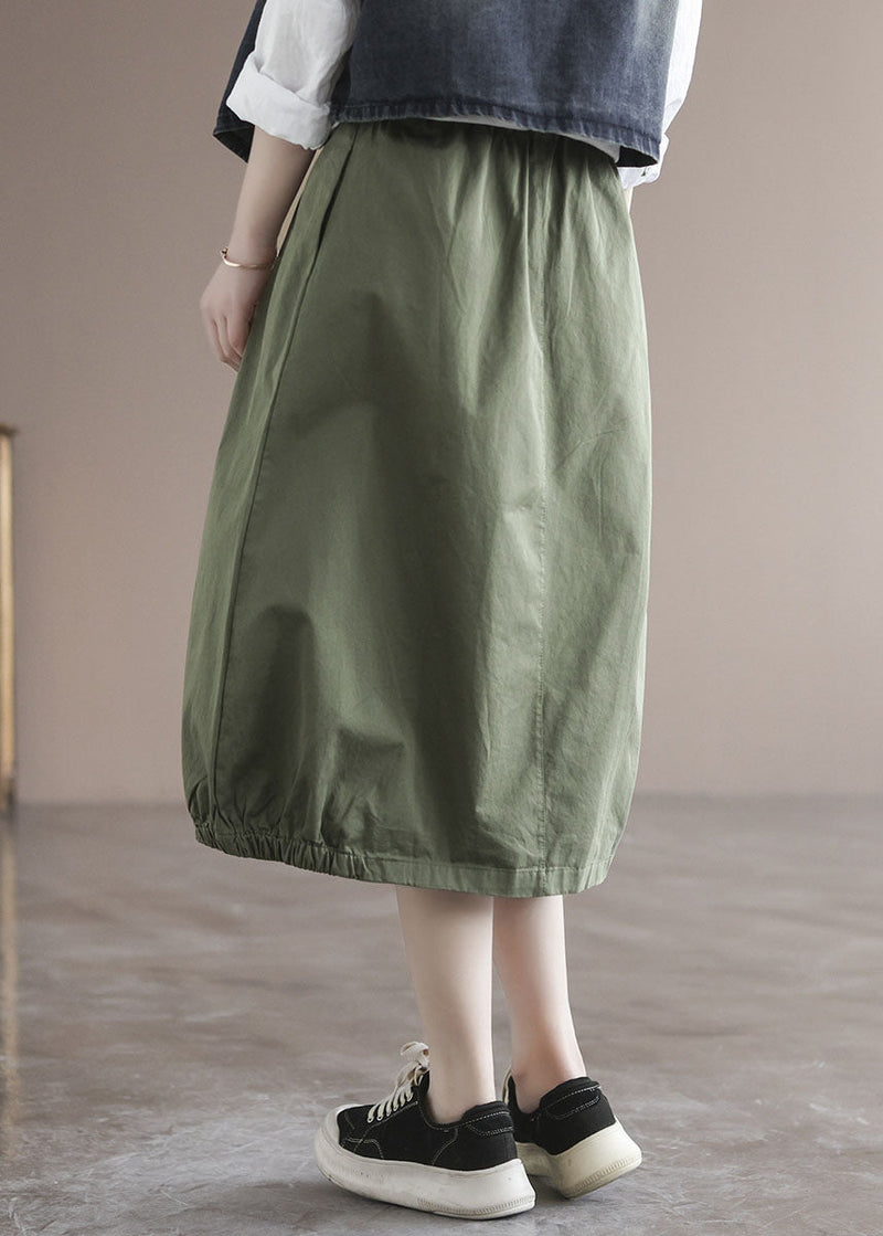 Green Patchwork Cotton Skirt High Waist Pockets Summer