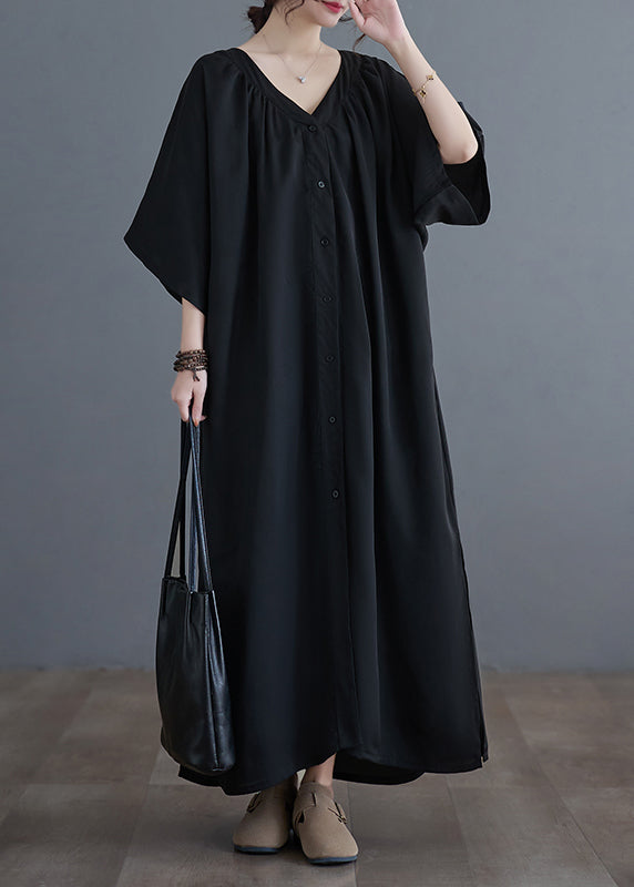 Black V Neck Wrinkled Maxi Dresses Summer
