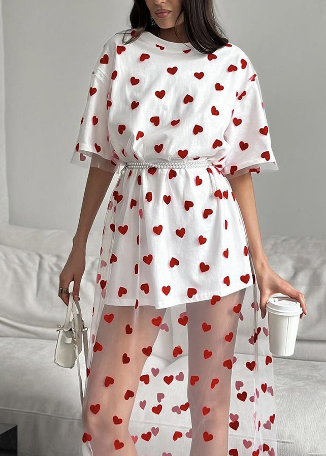 Pink O Neck Heart Patchwork Tulle T Shirt Dress Summer