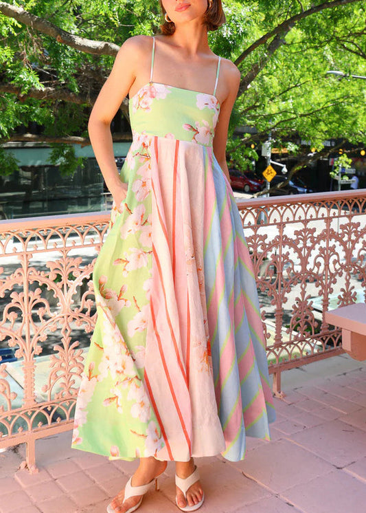 Green Print Patchwork Cotton Spaghetti Strap Dresses Summer