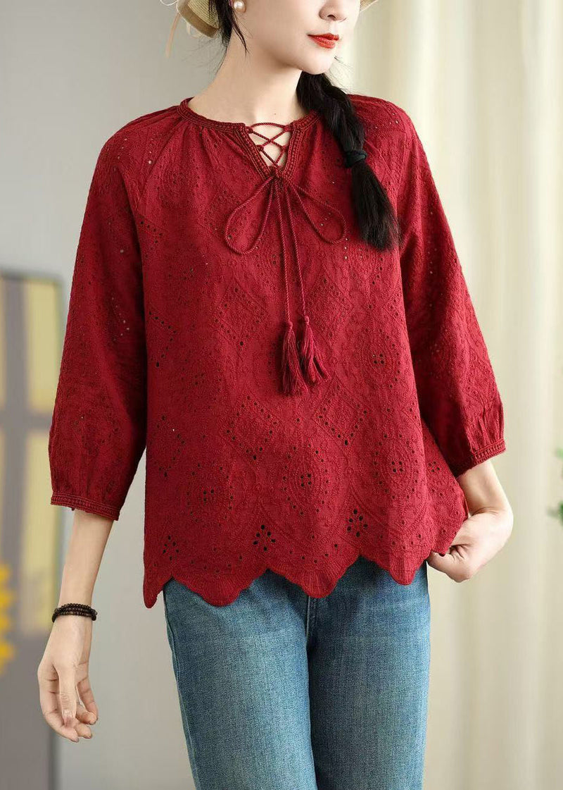 Red Oversized Hollow Out Cotton Shirt Top Summer