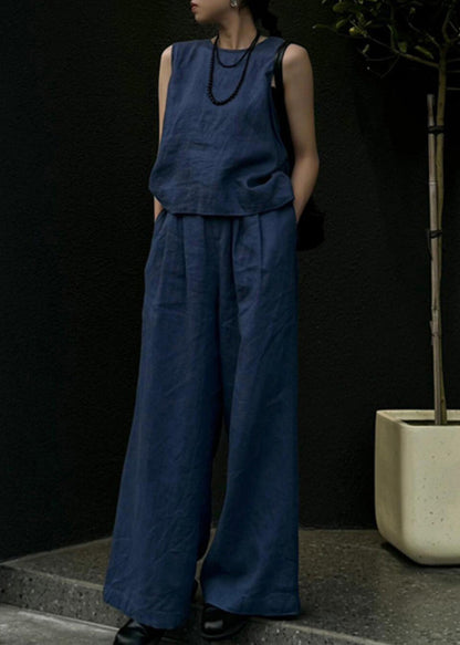 Blue Linen Vest and Wide Leg Pants Two Pieces Set Sleeveless