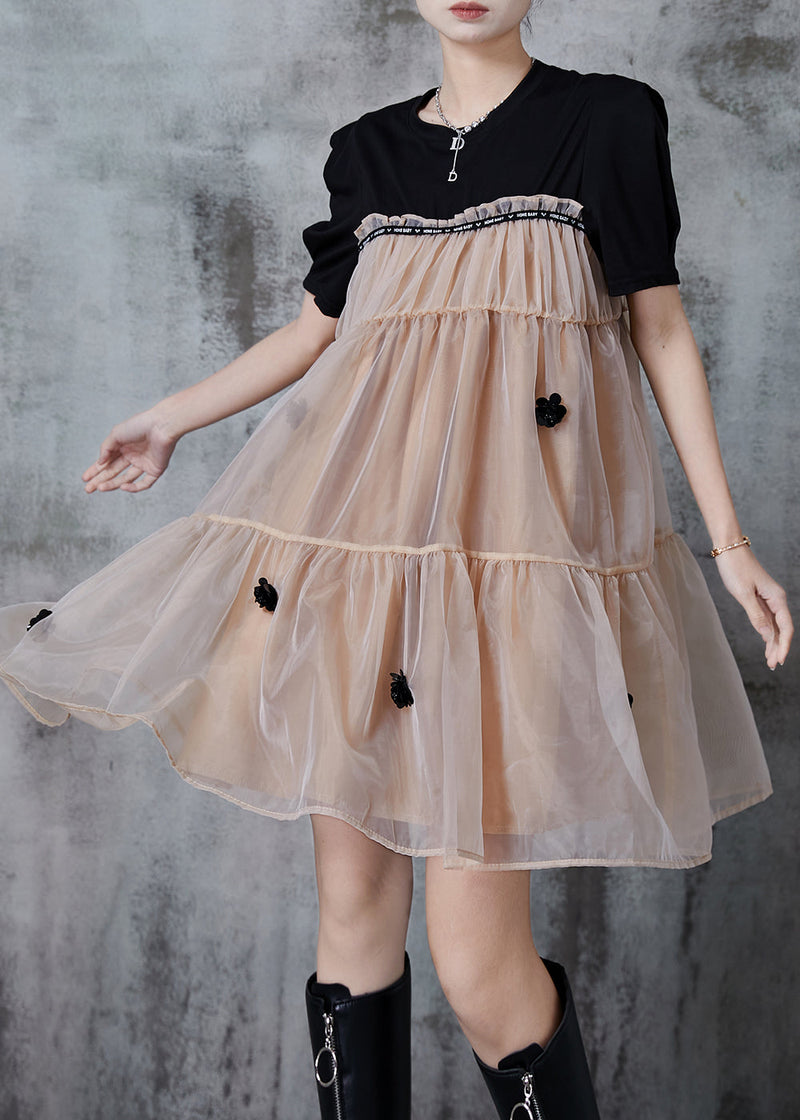 Khaki Oversized Patchwork Tulle Tea Dress Summer