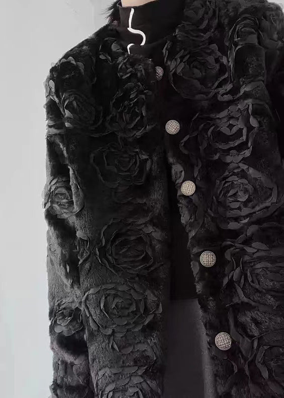 Black O-neck Button Fuzzy Fur Fluffy Coats Spring