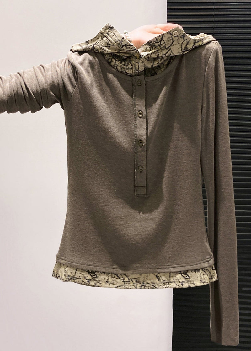 Brown Hooded Patchwork Cotton Fake Two Piece Tops Fall