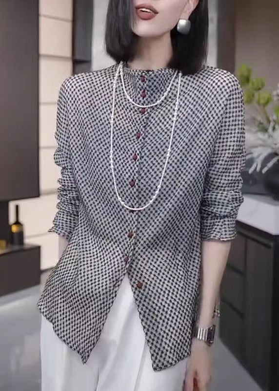 Grey Button Dot Print Cotton Top Fall
