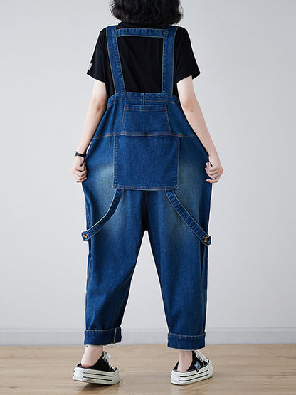 Spliced Washed Denim Loose Jumpsuits
