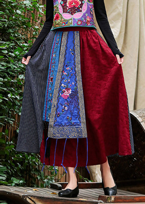 Red Embroidered a Line Skirt Summer
