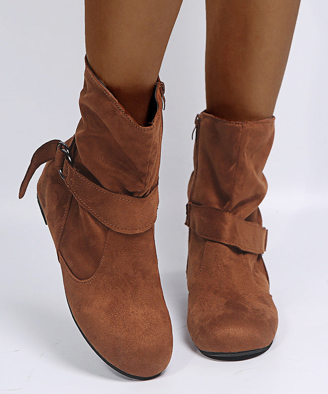 Black Suede Boots Splicing Zippered Buckle Strap