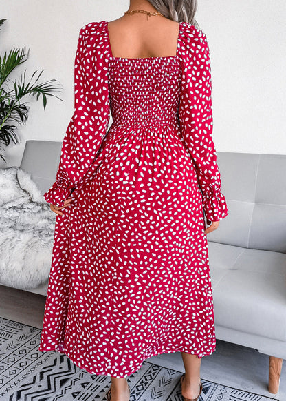 Red Square Collar Print Wrinkled Cotton Dresses Spring