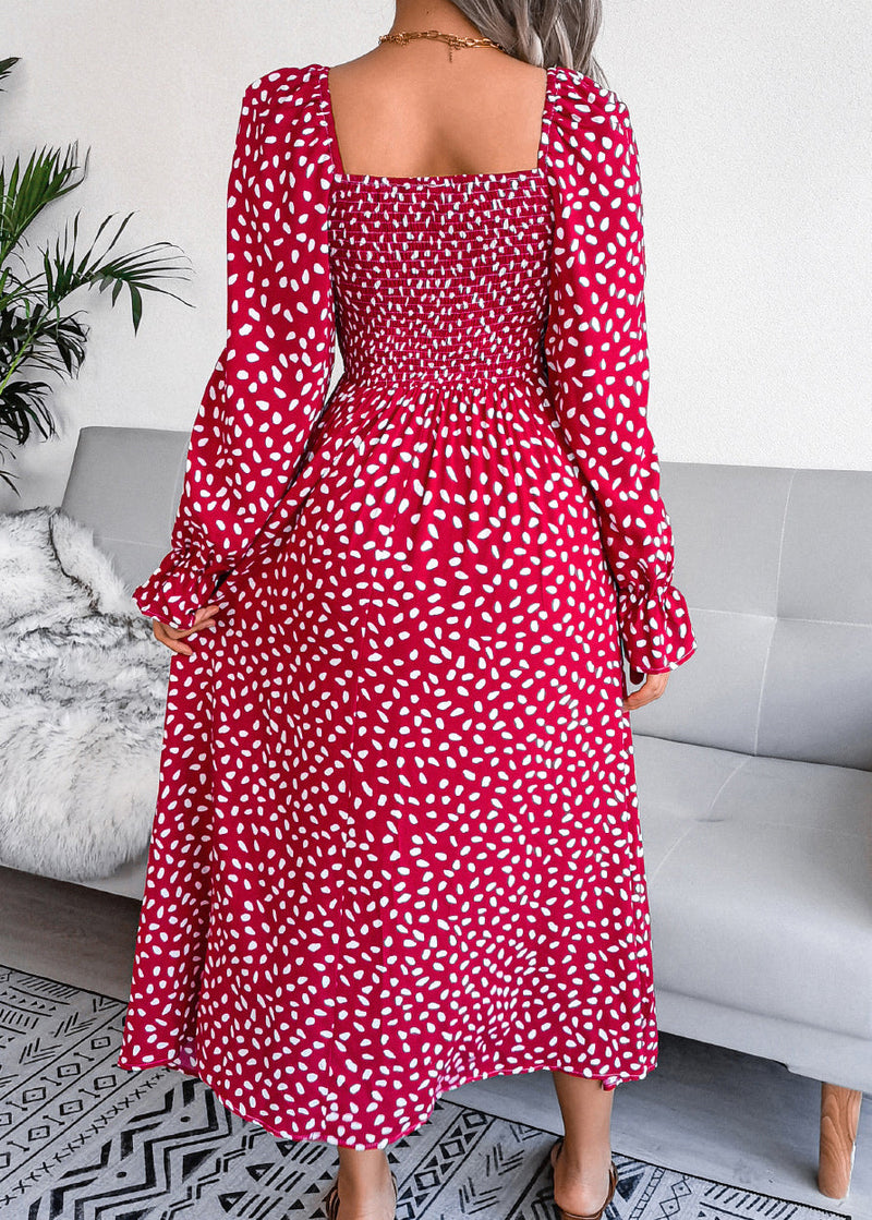 Red Square Collar Print Wrinkled Cotton Dresses Spring