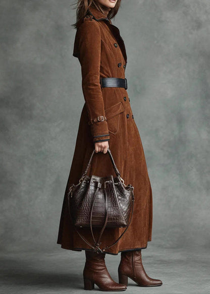 French Chocolate Peter Pan Collar Pockets Faux Suede Trench Fall