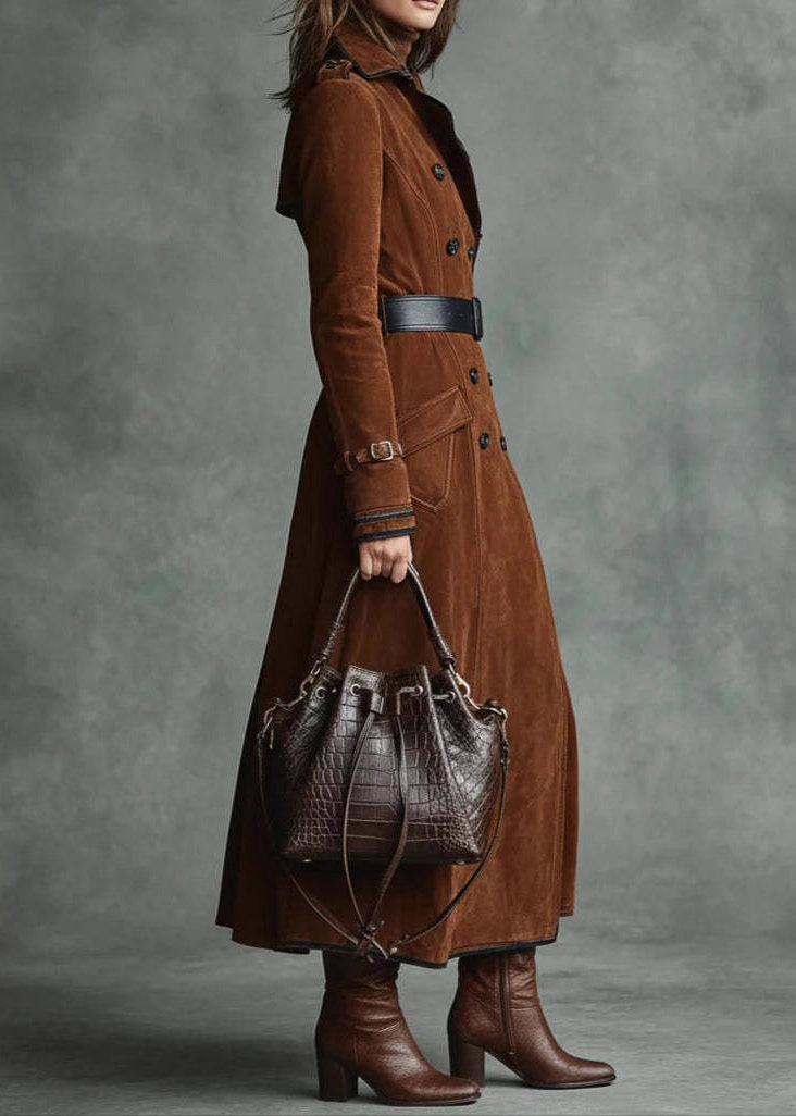French Chocolate Peter Pan Collar Pockets Faux Suede Trench Fall