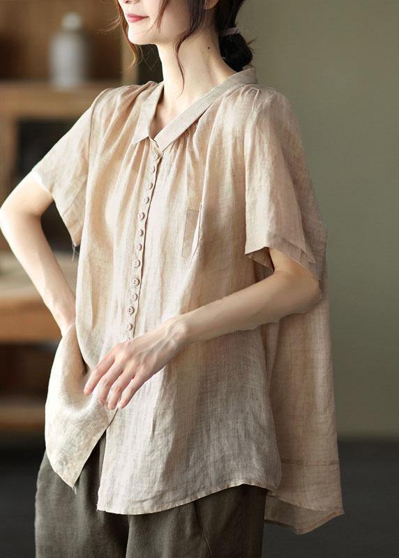 Print4 Peter Pan Collar Pockets Patchwork Ramie Cardigan