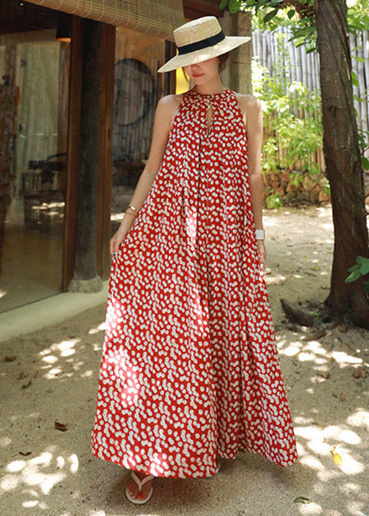Red Colour O-neck Print Pockets Chiffon Jumpsuits Pants Summer