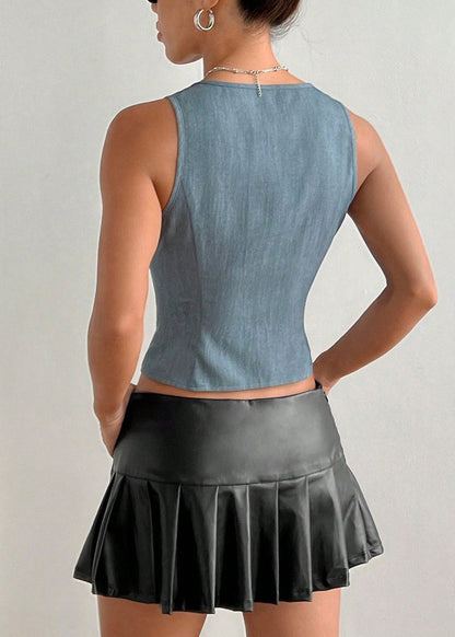 Grey V Neck Lace Up Cotton Tops Sleeveless