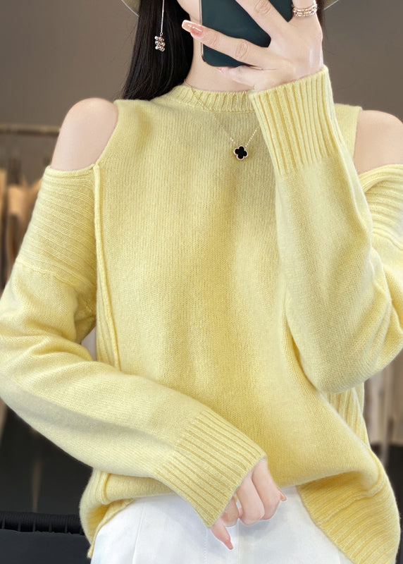 Style Grey O-neck Cold Shoulder Woolen Knit Sweaters Spring