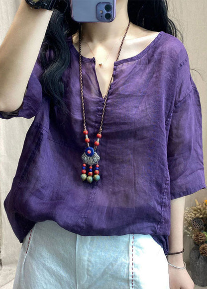 Purple V Neck Patchwork Linen Tops Short Sleeve