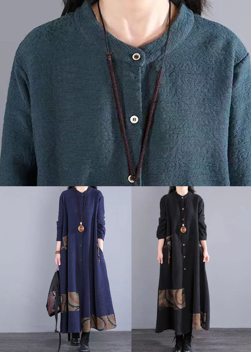 Navy Stand Collar Patchwork Cotton Long Dress Fall
