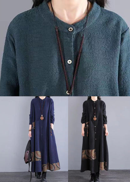 Navy Stand Collar Patchwork Cotton Long Dress Fall