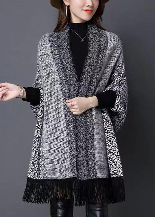 Grey V Neck Tasseled Patchwork Knit Cardigans Fall