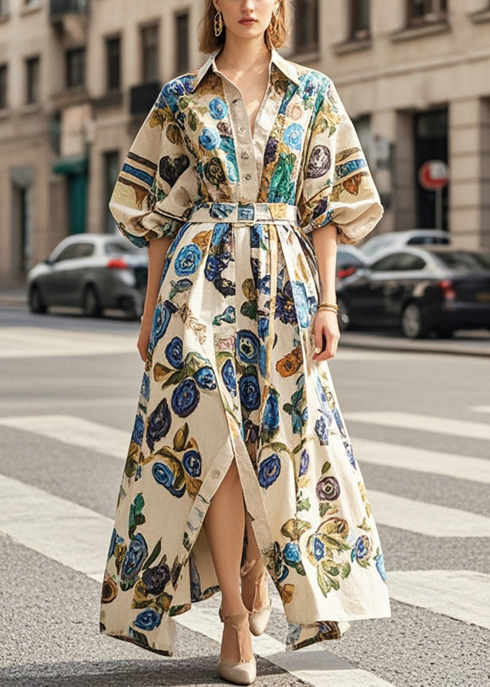 Khaki Oversized Print Cotton Long Dress Lantern Sleeve
