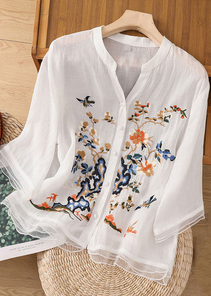 Green Embroideried Button Patchwork Linen Top Bracelet Sleeve