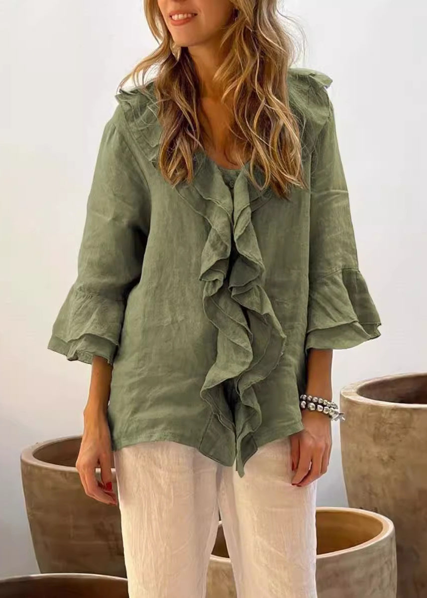 Blue V Neck Ruffled Patchwork Cotton Shirt Tops Spring