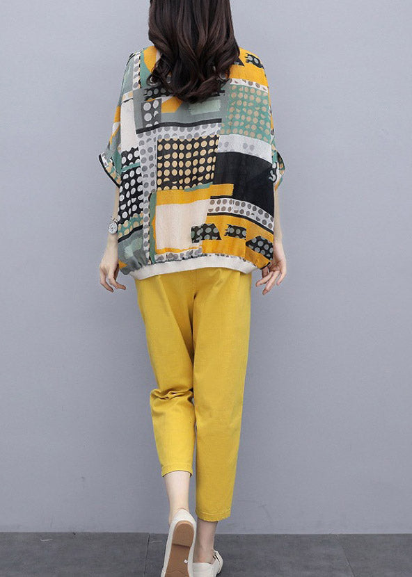 Yellow O-neck Print Top and Pants Two Pieces Set Summer
